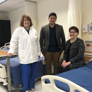 Warner Pacific Dean of Nursing, Dr. Linda Campbell and President Dr. Andrea Cook in the Simulation Lab with Jason Lee from the M.J. Murdock Charitable Trust.